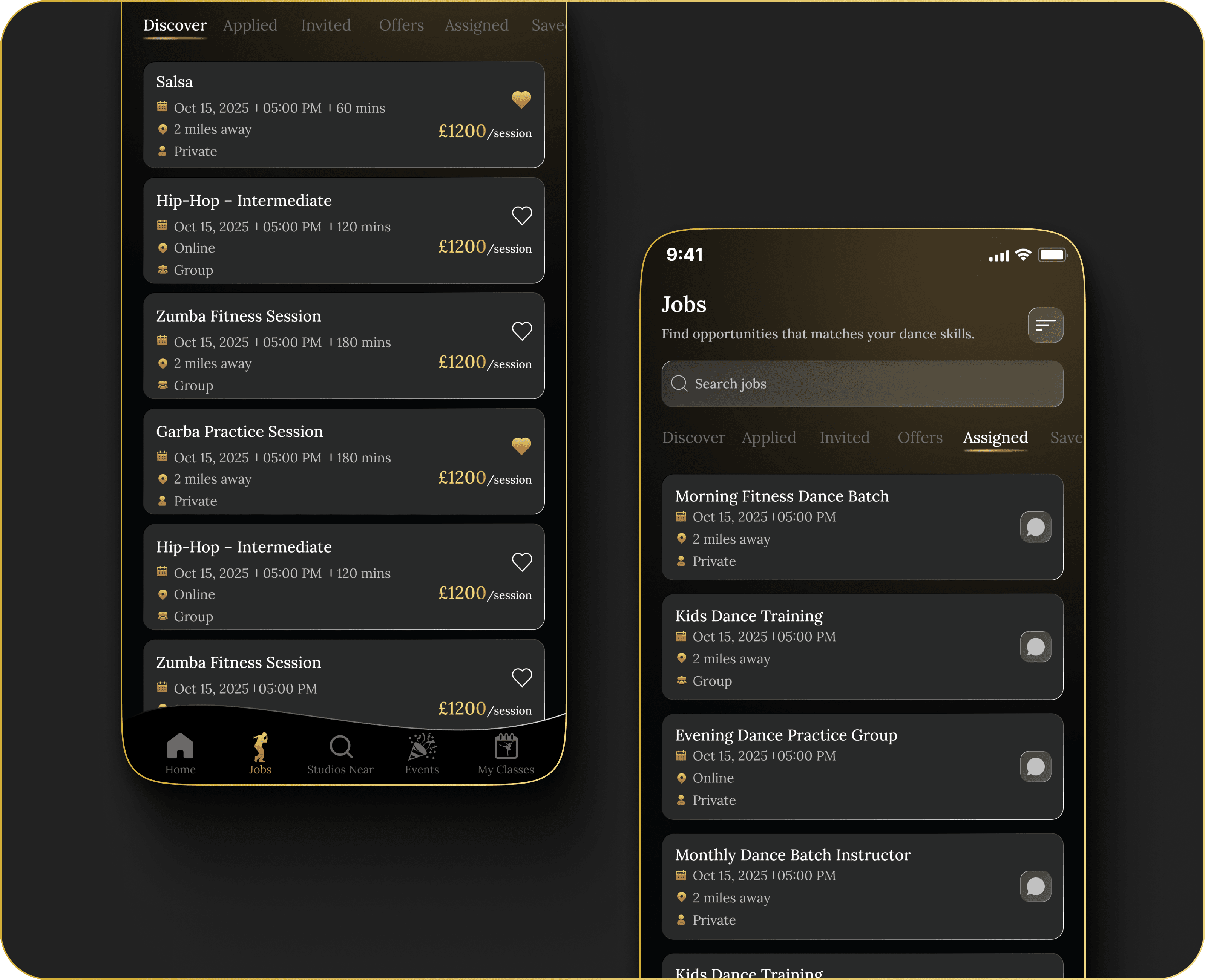 FlowDance instructor hustle dashboard showing gigs and jobs