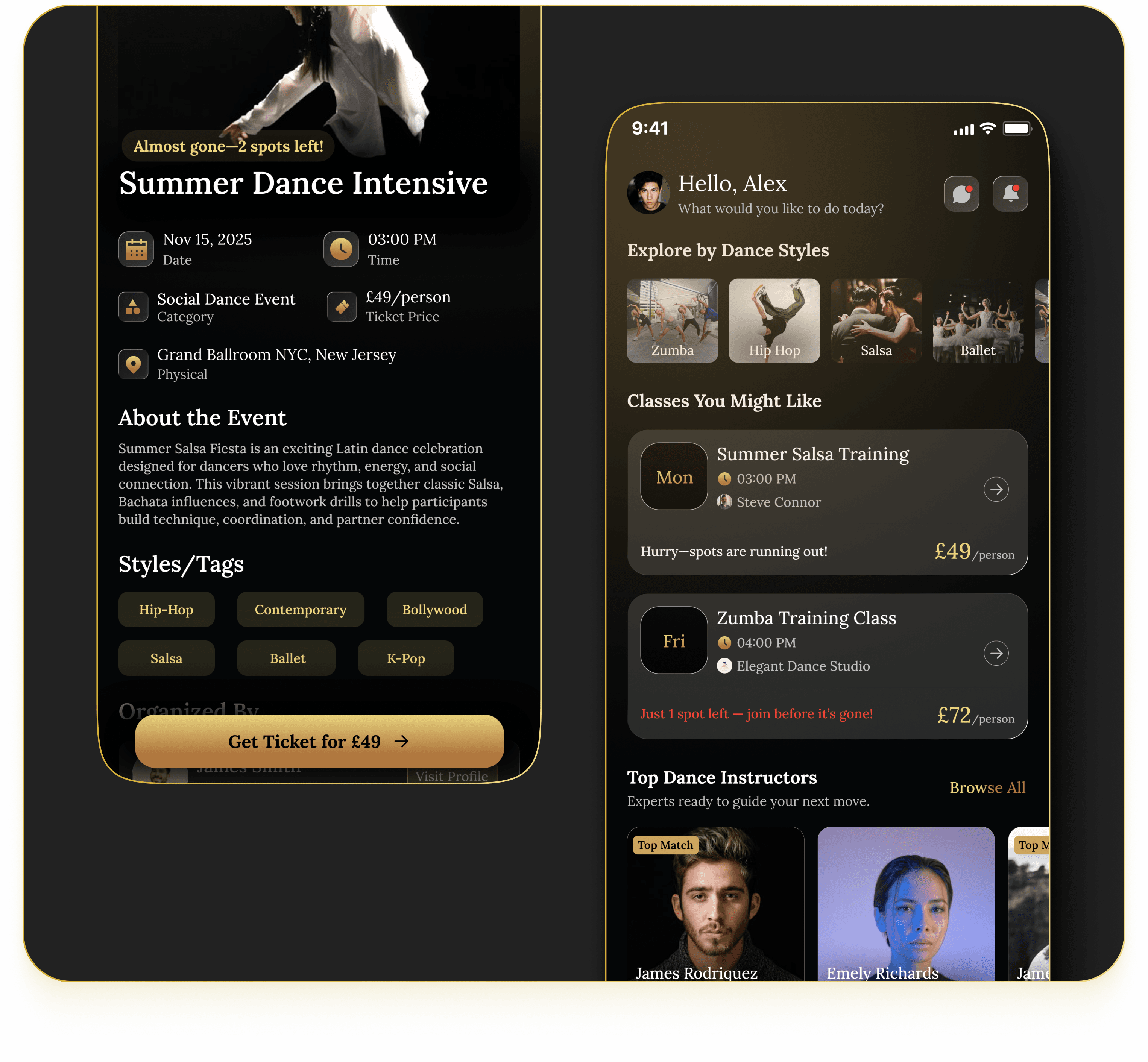 FlowDance class details and class feed screens
