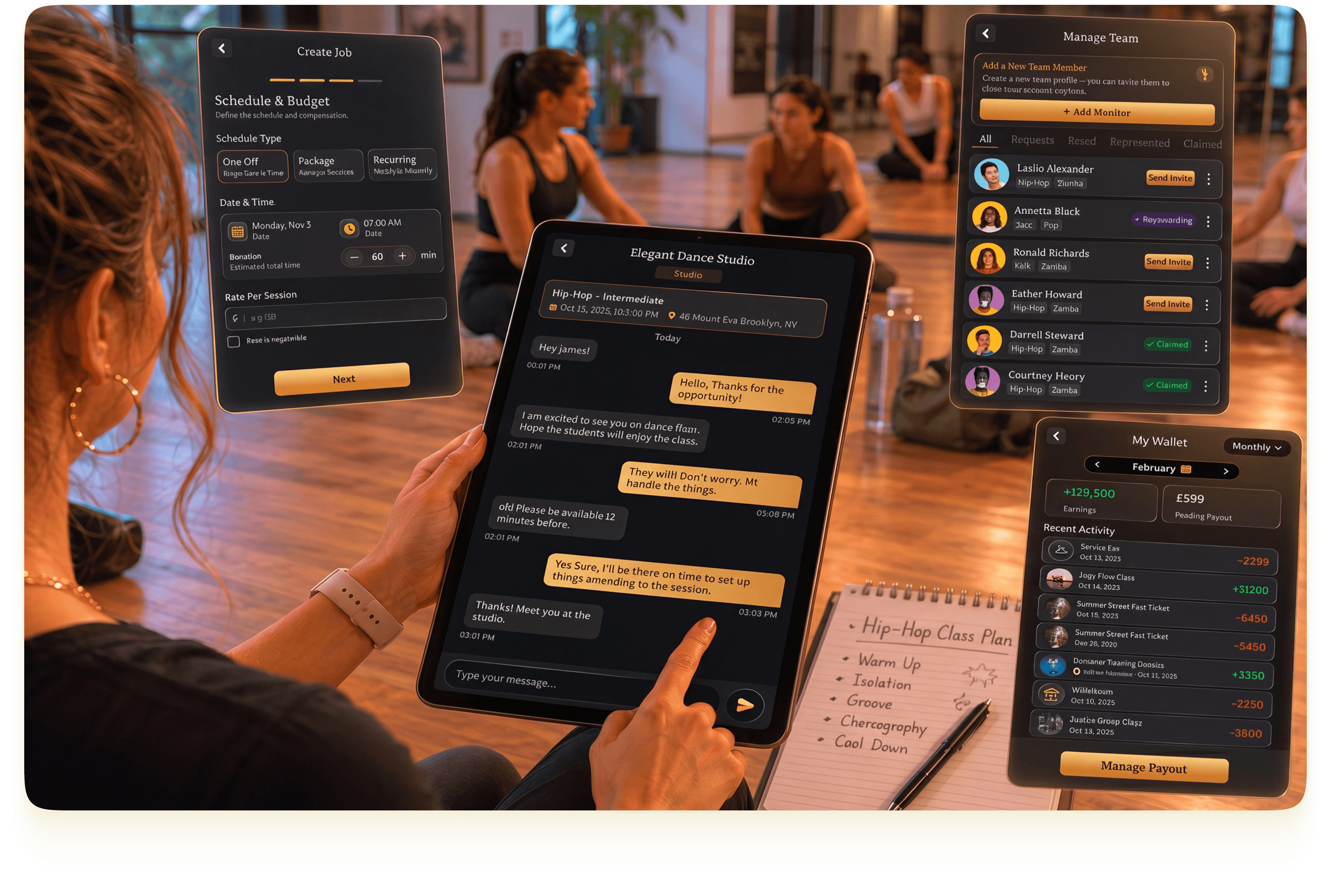 FlowDance studio management dashboard with talent filters, chat, and escrow