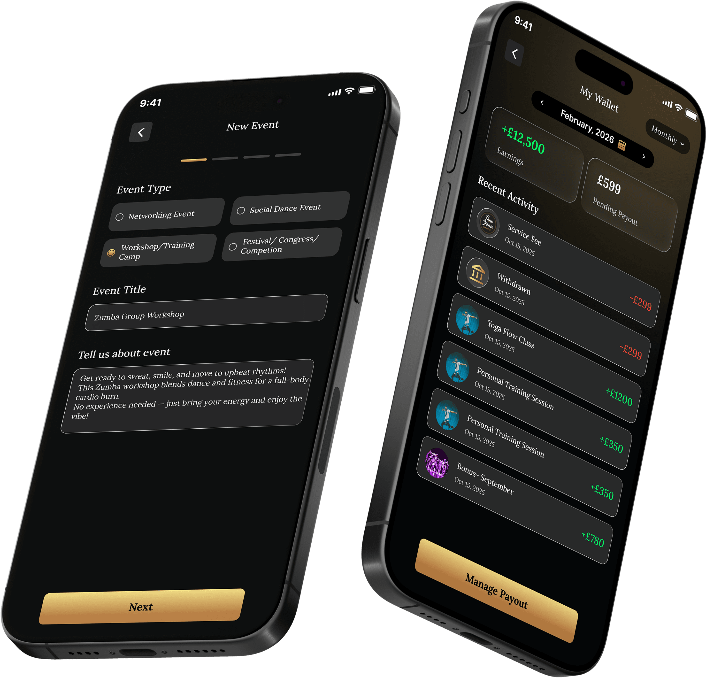 FlowDance instructor app showing job listings and wallet